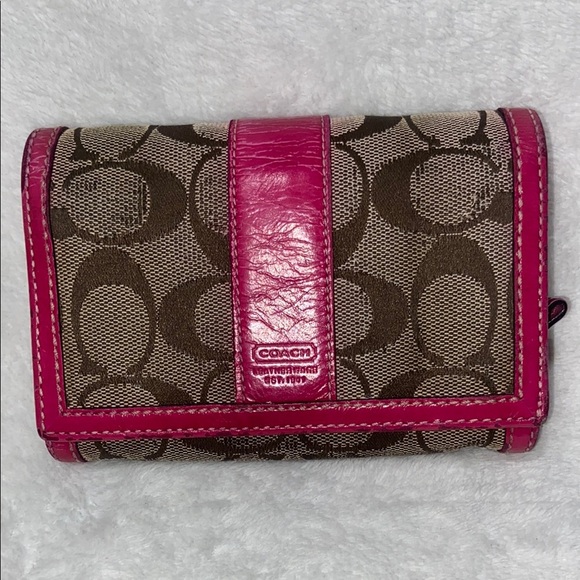 REHAB - Vintage Coach Monogram Compact Snap and Zip wallet Pink and Brown - Picture 1 of 9